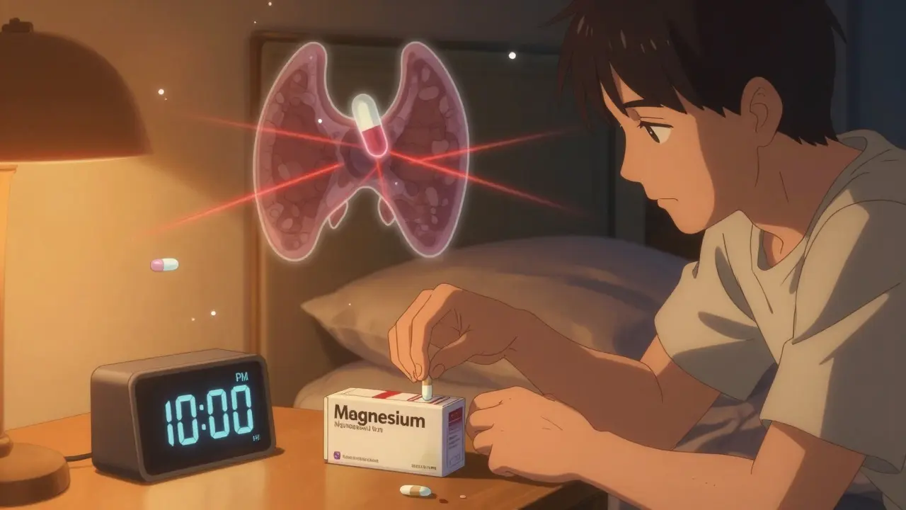 Man taking magnesium supplement at night with medical symbols floating in background.