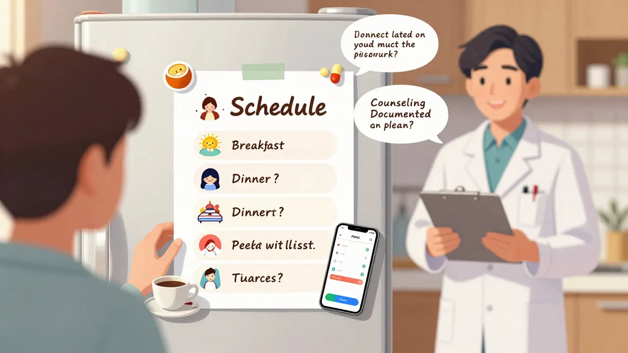 Personalized medication schedule on a fridge with pill organizer and phone reminders.