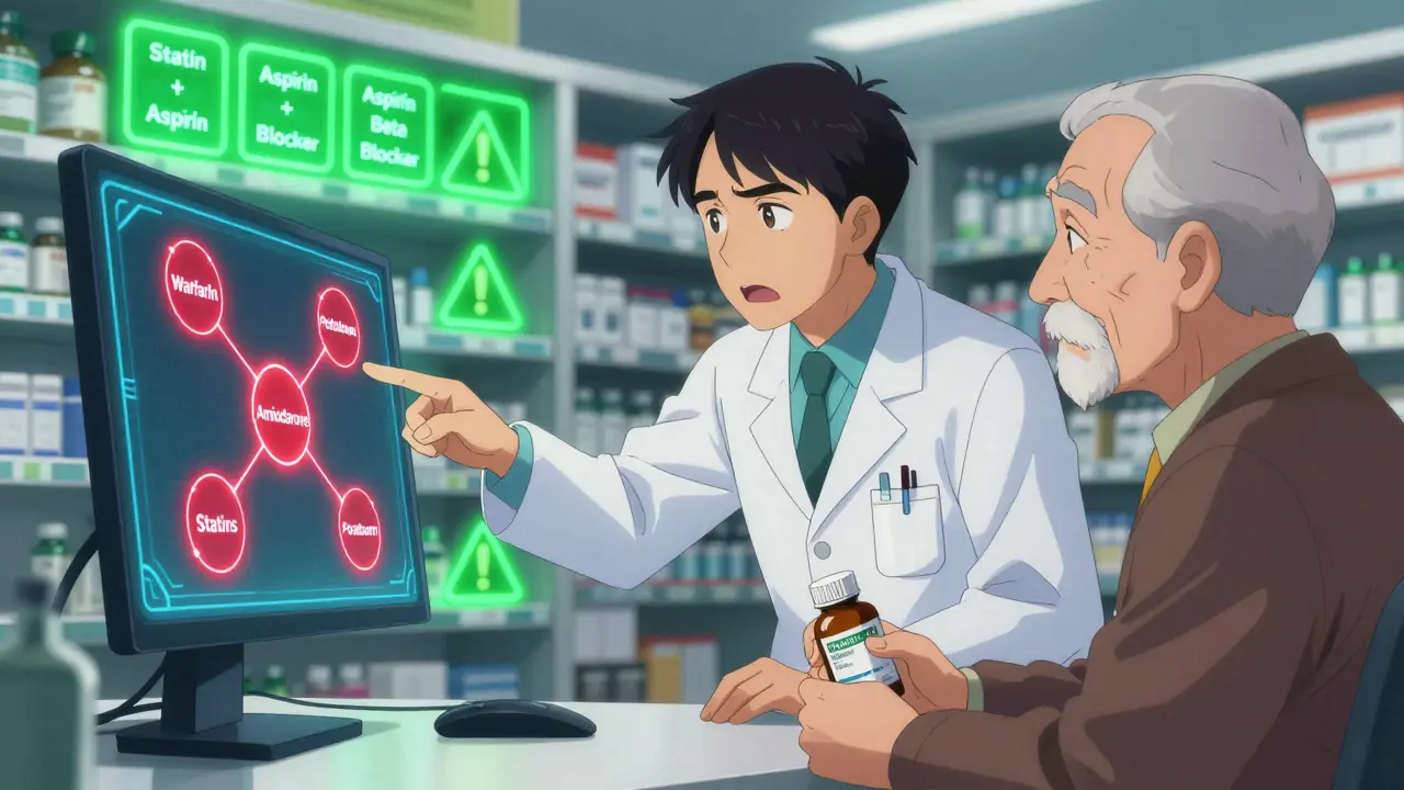 Pharmacist pointing at a digital screen showing dangerous drug interactions with glowing red warning nodes.