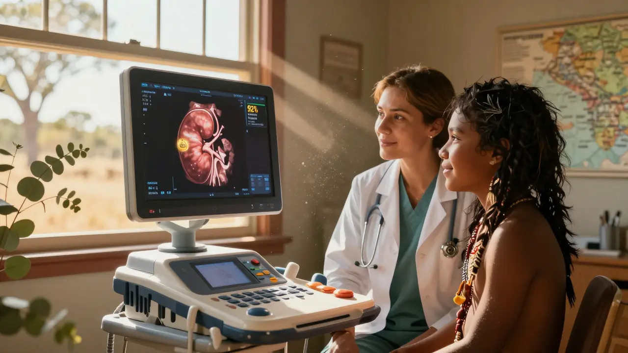 Portable ultrasound device used in a rural clinic, projecting a kidney map as a patient smiles peacefully.