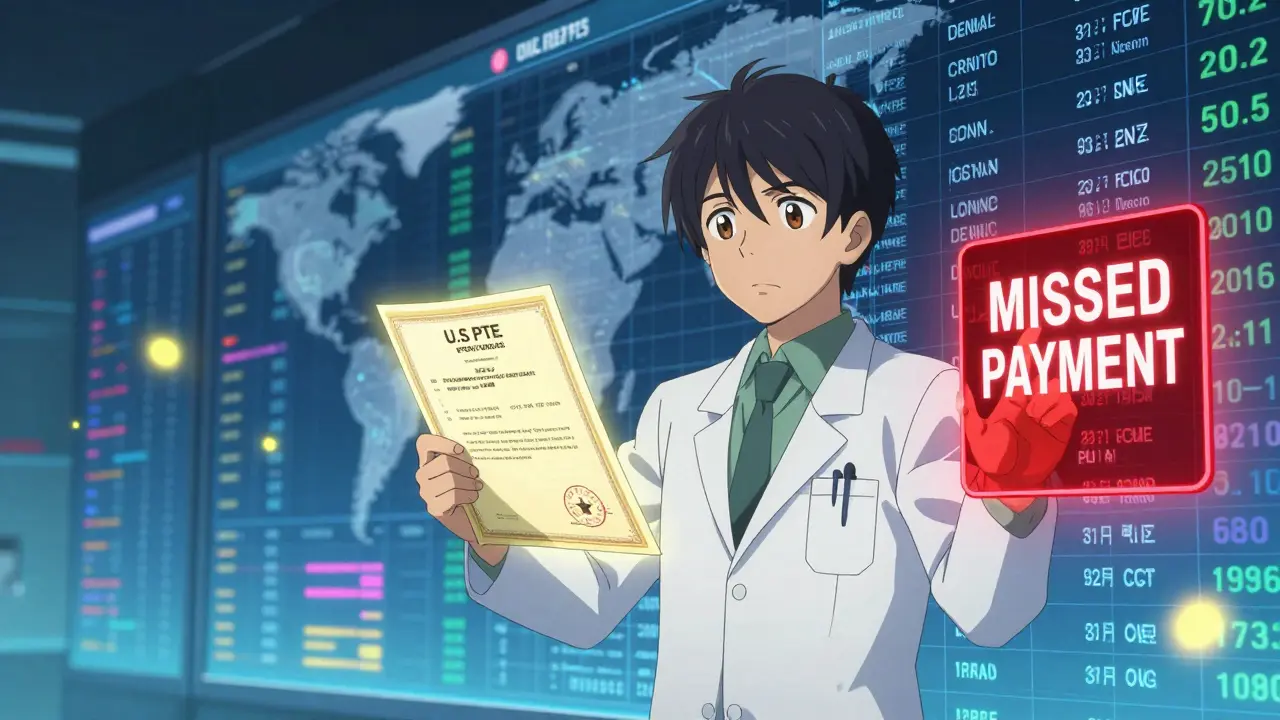 Scientist facing a wall of international patent calendars, holding a U.S. extension certificate while a Brazil payment alert flashes red.