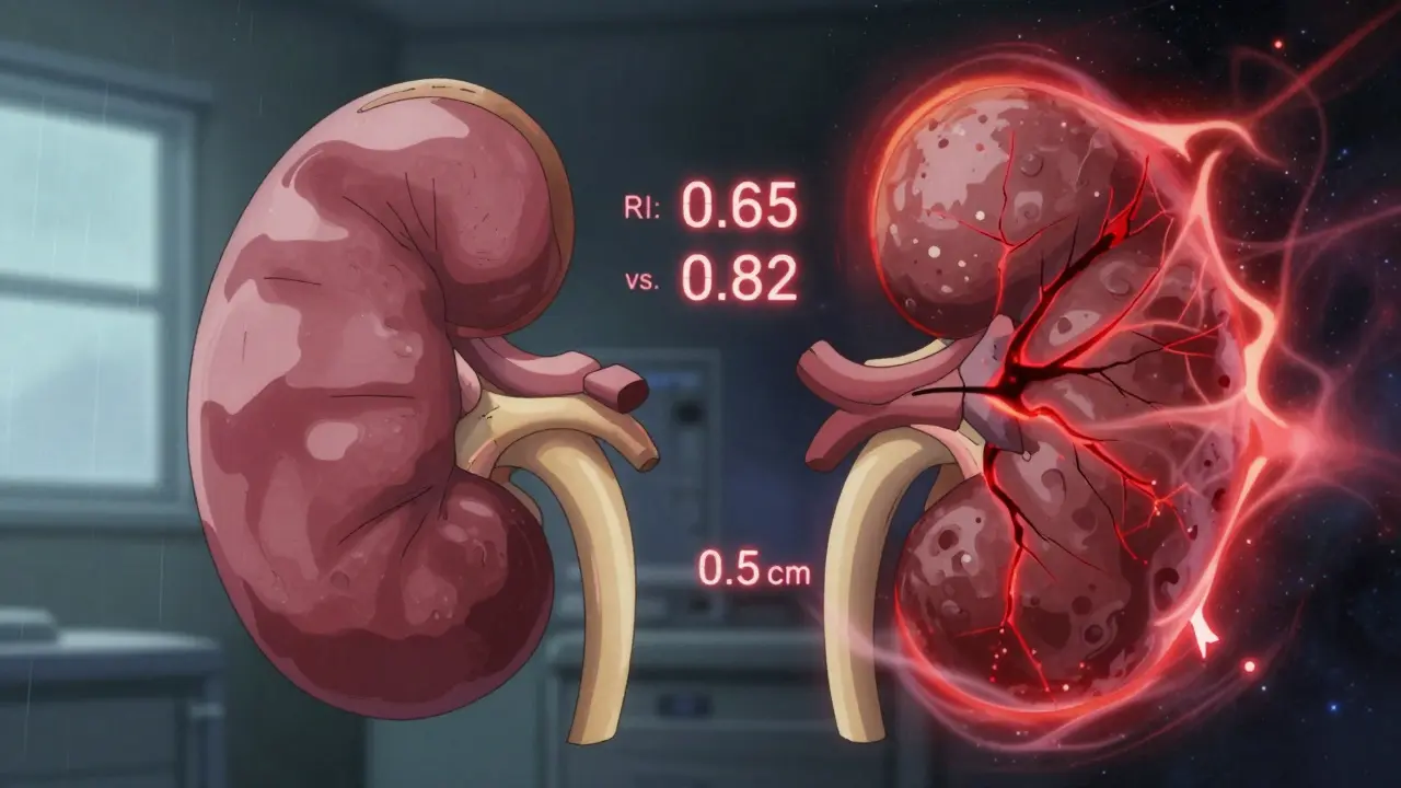 Side-by-side comparison of healthy and obstructed kidneys with floating medical data in a cosmic void.