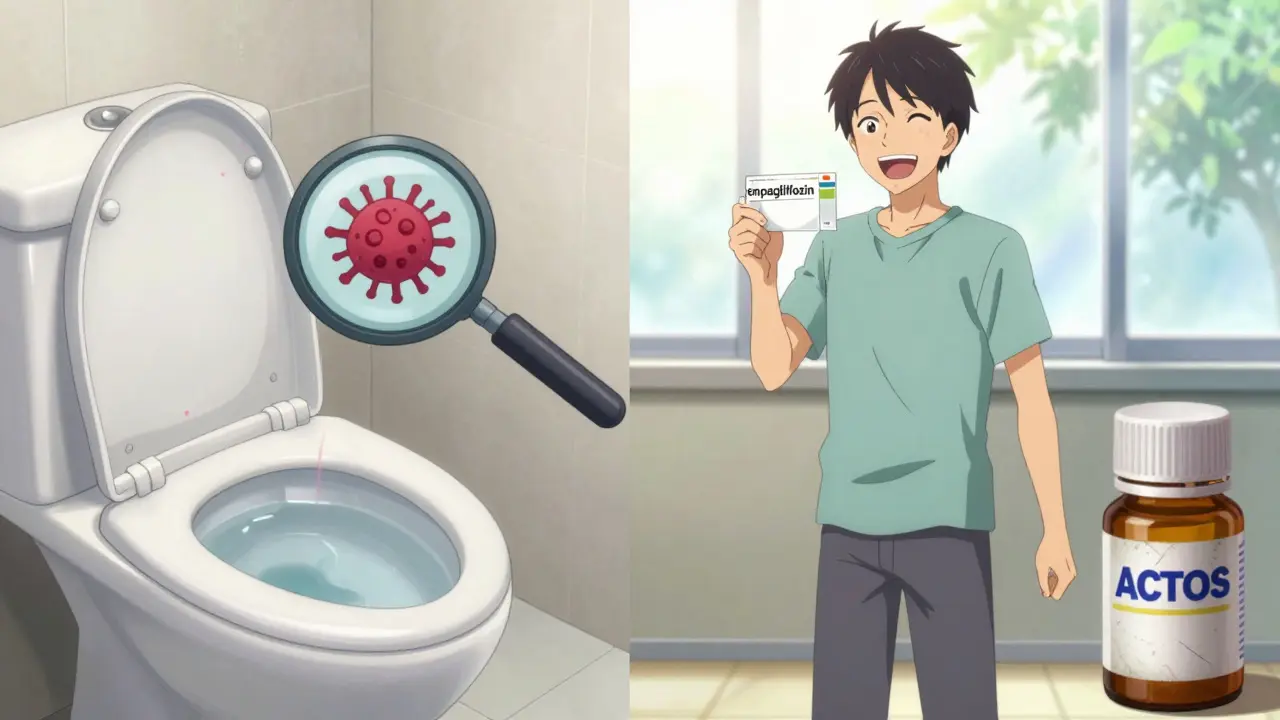 Split image: blood in urine on left, patient on safer medication walking in sunlight on right, old pill bottle fading away.