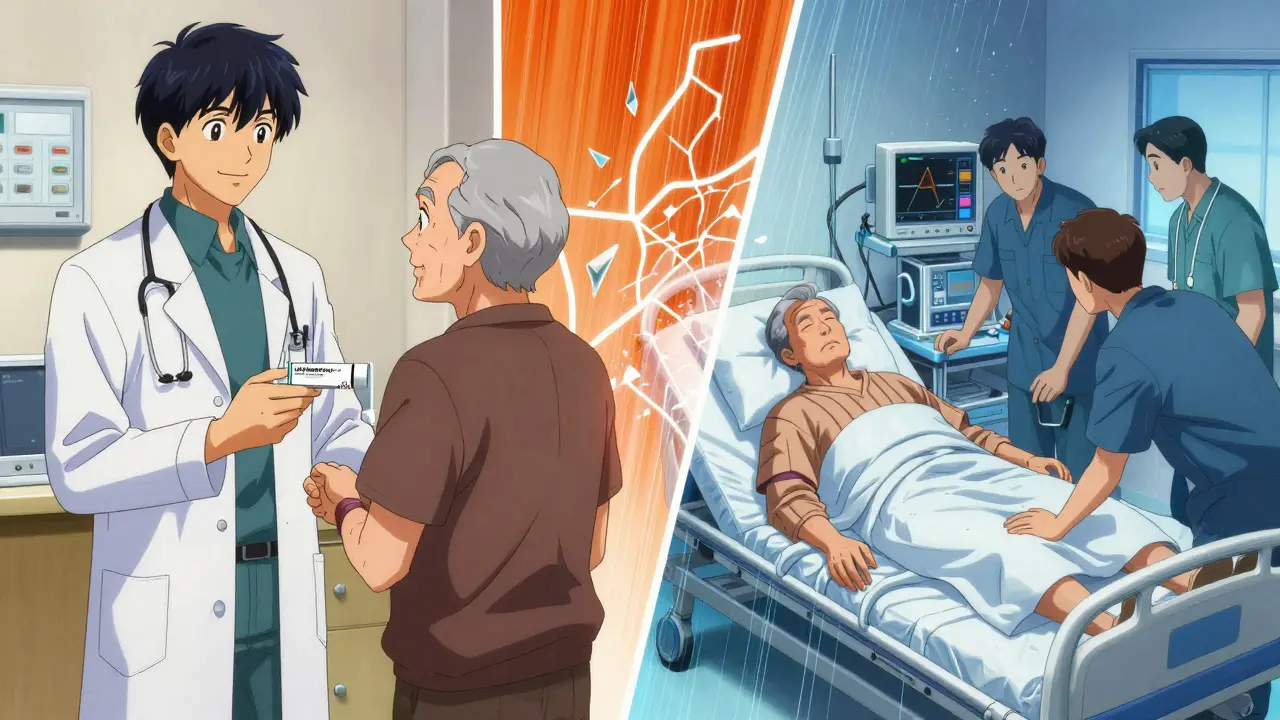 Split scene: a doctor prescribing medication on one side, the same patient collapsed in crisis on the other, with shattering dopamine pathways.