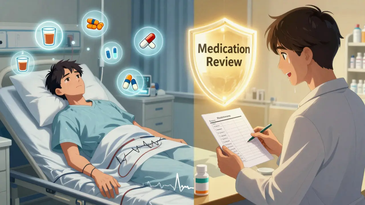Split scene: man collapsing from drug interaction vs. safe medication review with pharmacist.