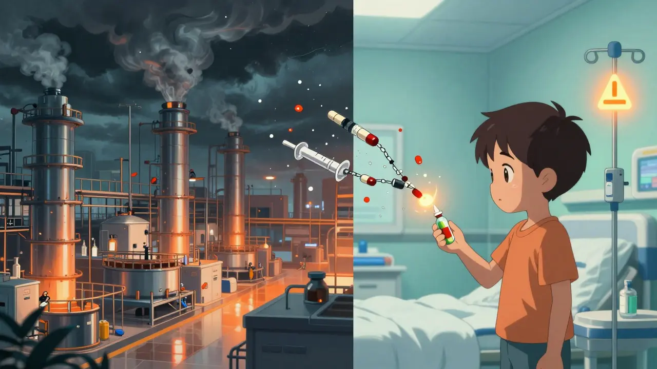 Split scene of a Chinese API factory and U.S. ICU connected by a snapping supply chain, glowing with warning hues.