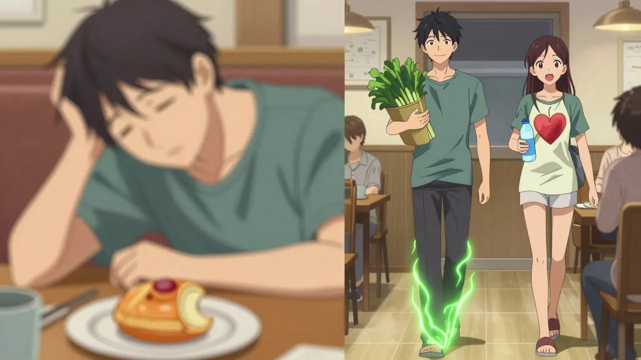 Split scene: tired person at desk vs. same person walking after dinner with healthy food, glowing energy lines.