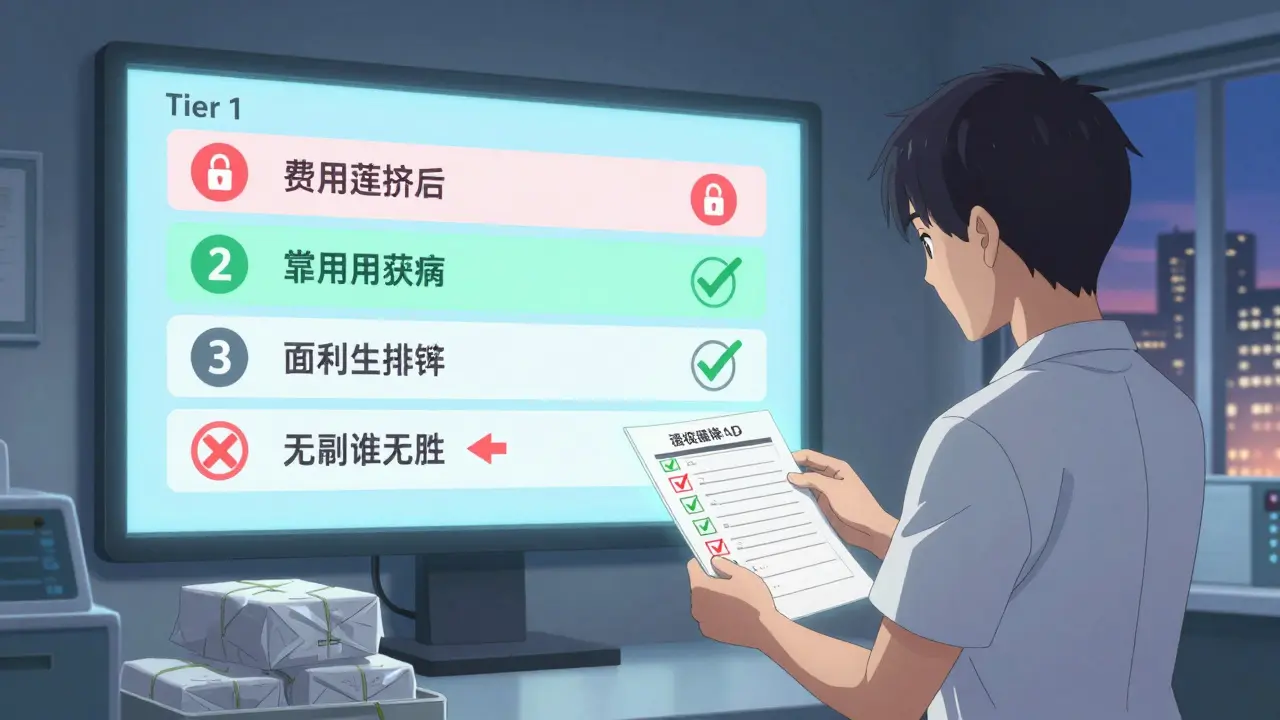 Staff member auditing order with tiered product classification system displayed on wall screen.