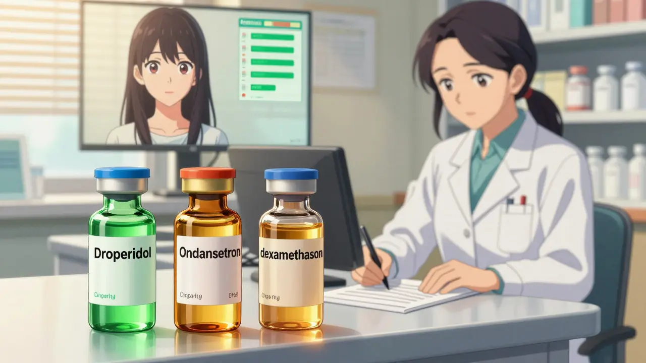 Three antiemetic vials on a pharmacy counter with a patient's Apfel score displayed above, in anime style.