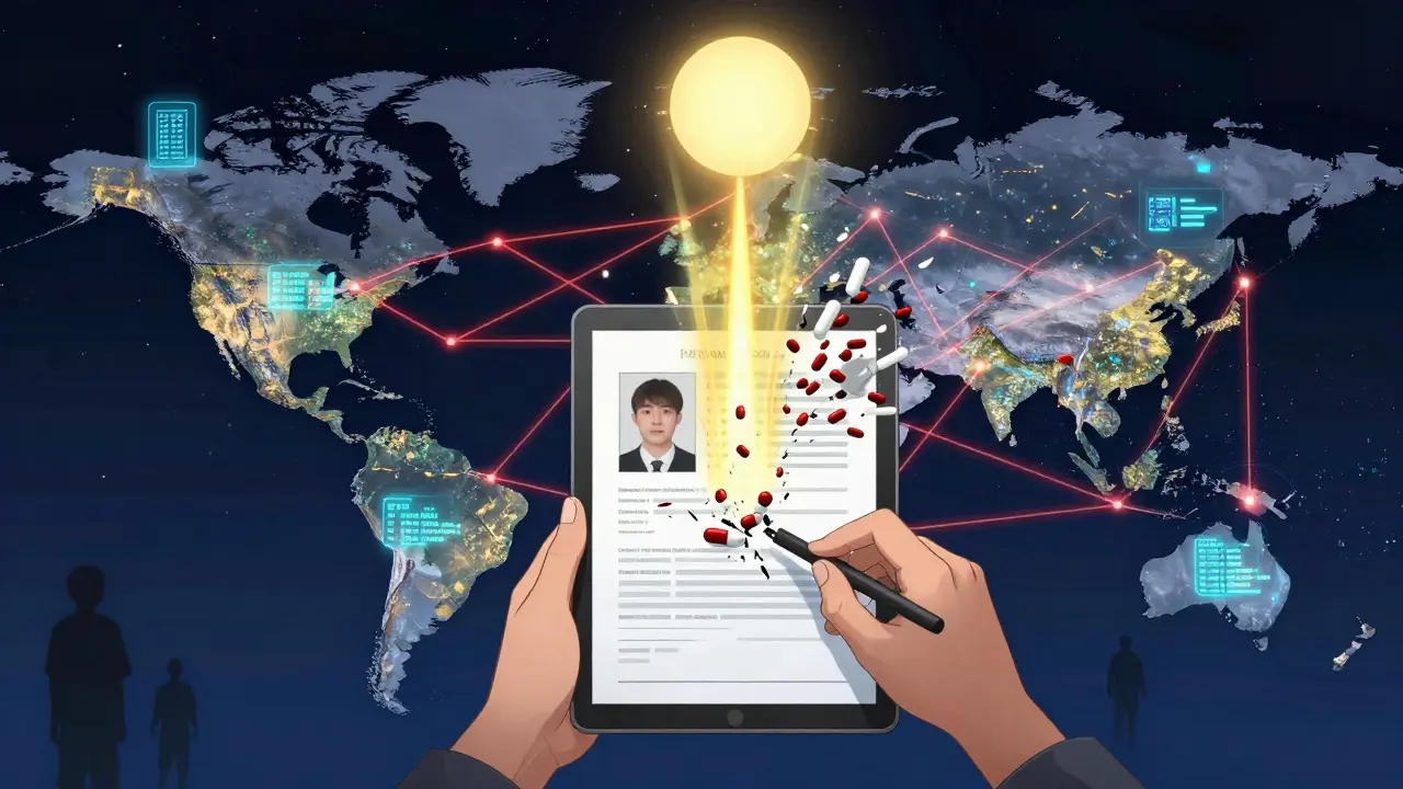 A hand submits a photo report that triggers a global digital chain reaction against counterfeit drugs.