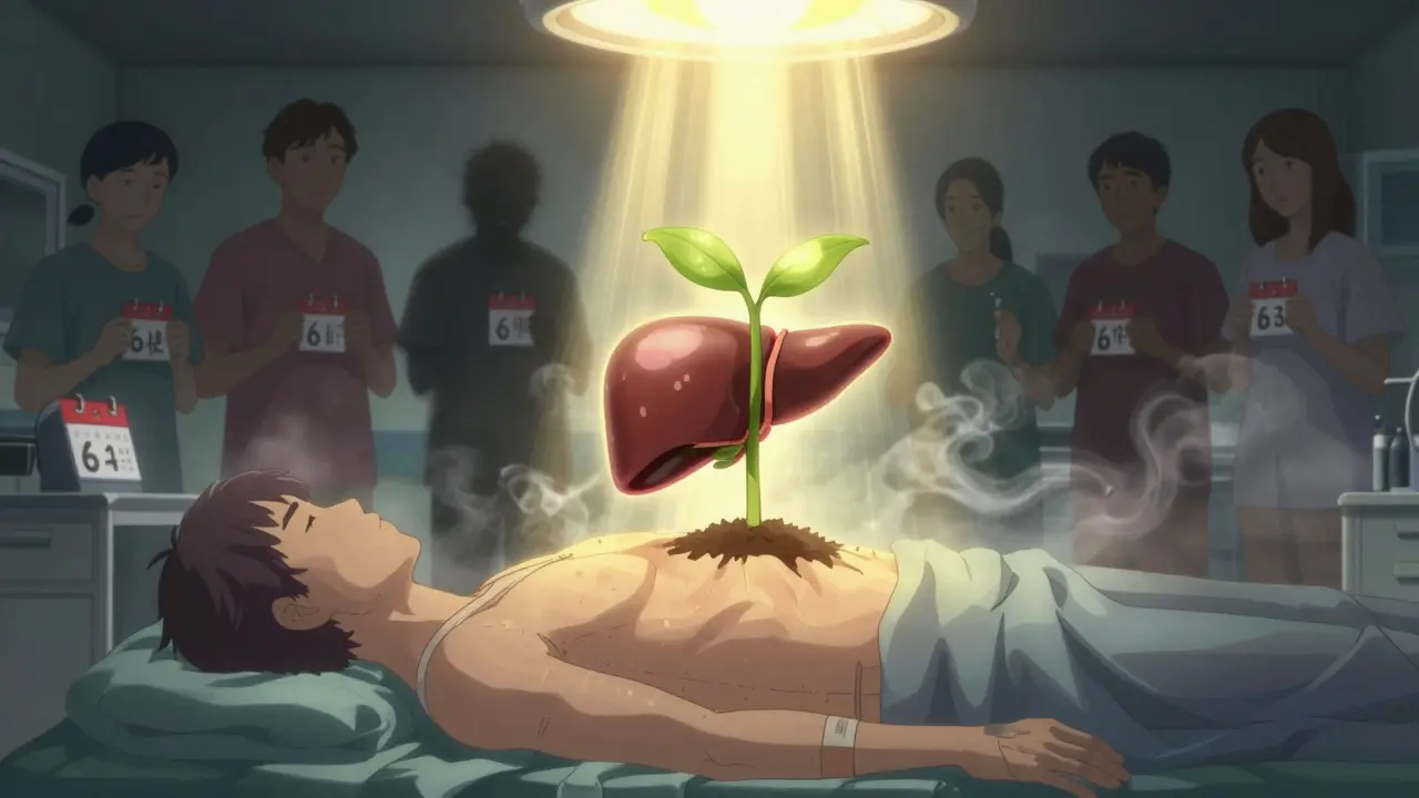 A symbolic liver transplant shows a glowing healthy liver seedling being planted into a patient, with hopeful light.