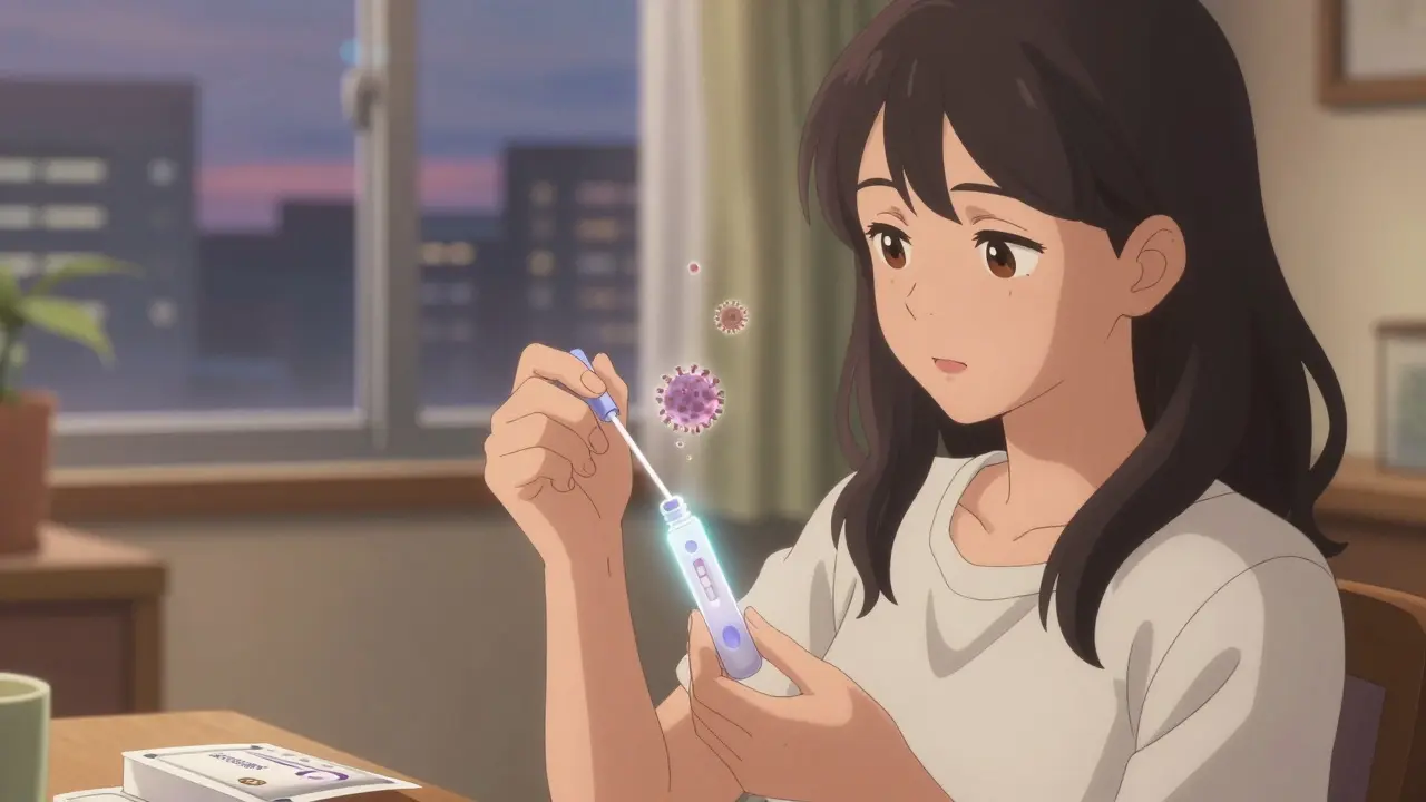 A woman performing a self-collected HPV test at home, placing a swab into a mailer with calm confidence.