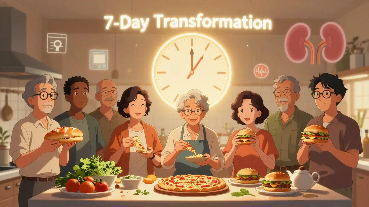 Diverse adults in a kitchen as a clock shows blood pressure dropping after seven days of low-sodium eating.