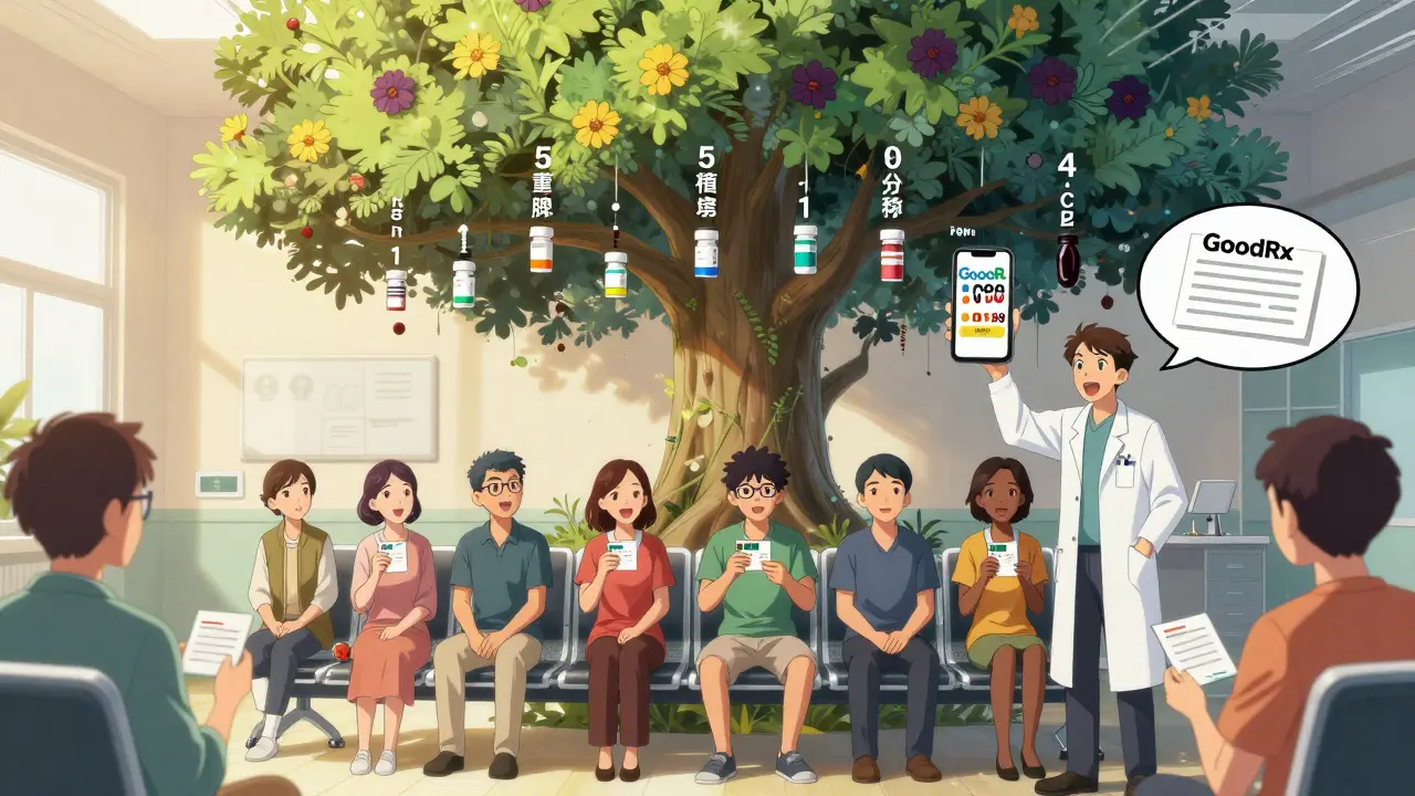 Diverse patients in clinic with floating formulary tree showing drug tiers, doctor pointing to smartphone with GoodRx prices.
