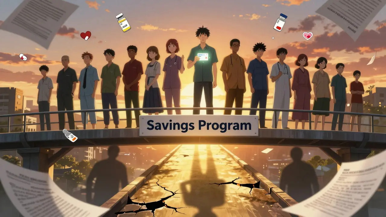 Diverse patients on a crumbling bridge labeled 'Savings Program,' with countdown timer and government program shadows below.