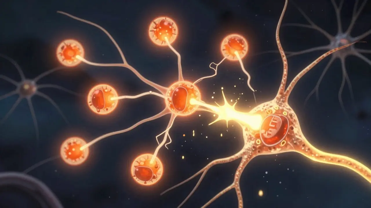 Glowing riluzole molecules block toxic glutamate surges in a brainscape, preserving one fading neural pathway.