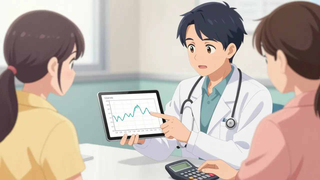 Healthcare provider and patient discussing insulin management using CGM tablet in clinic.