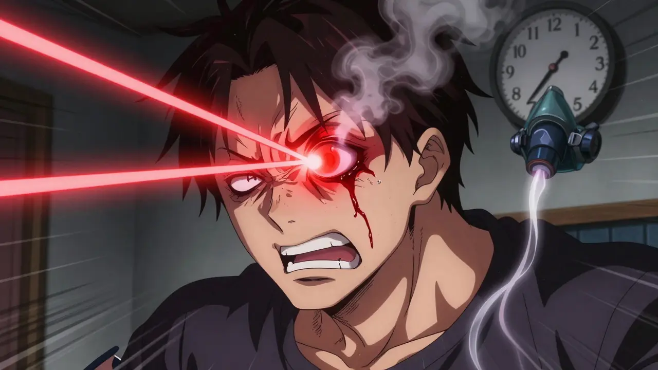 Man in agony with red light piercing his eye, oxygen mask nearby during cluster headache.