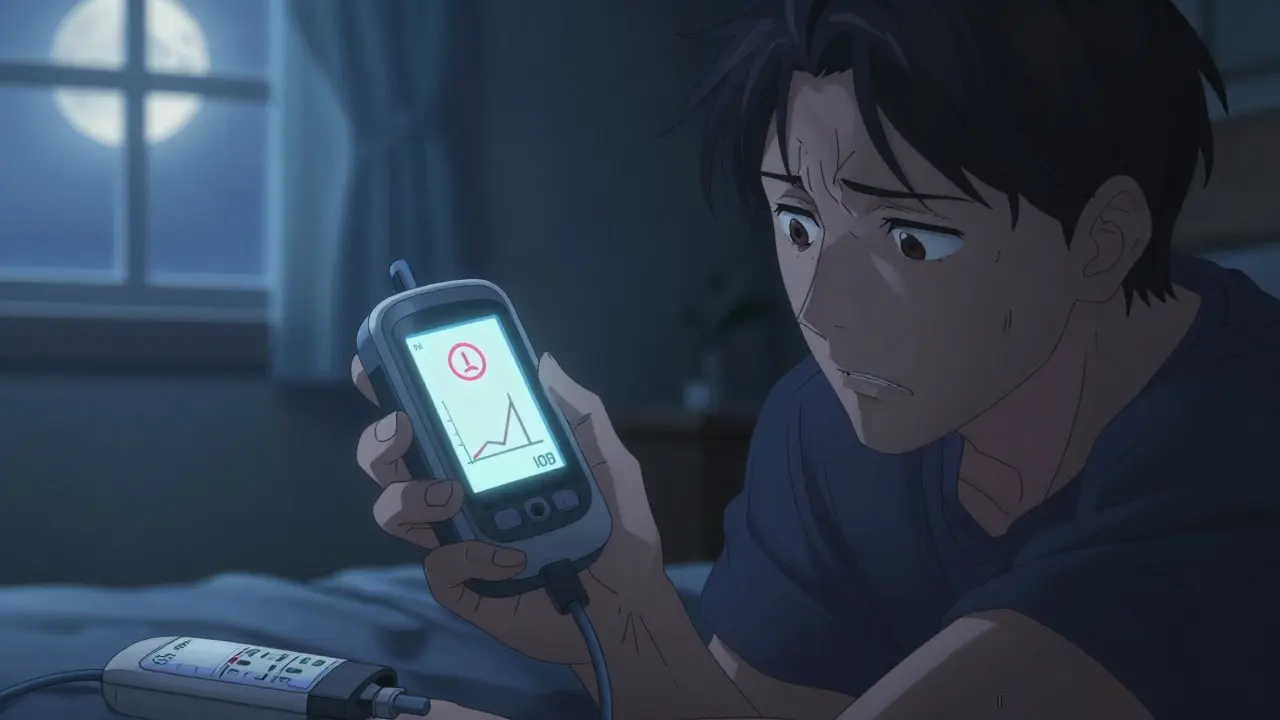 Man using insulin pump with warning alert in dim bedroom at night.