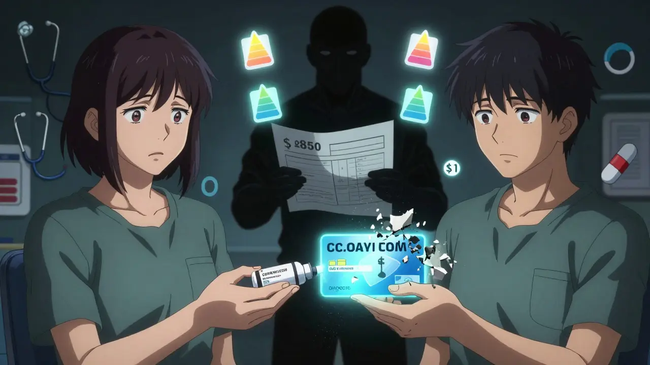 Patient comparing 0 biosimilar cost to previous <h2>The Hidden Catch: Biosimilars and Co-Pay Cards</h2> co-pay card, crumbling in background with PBM figure looming.