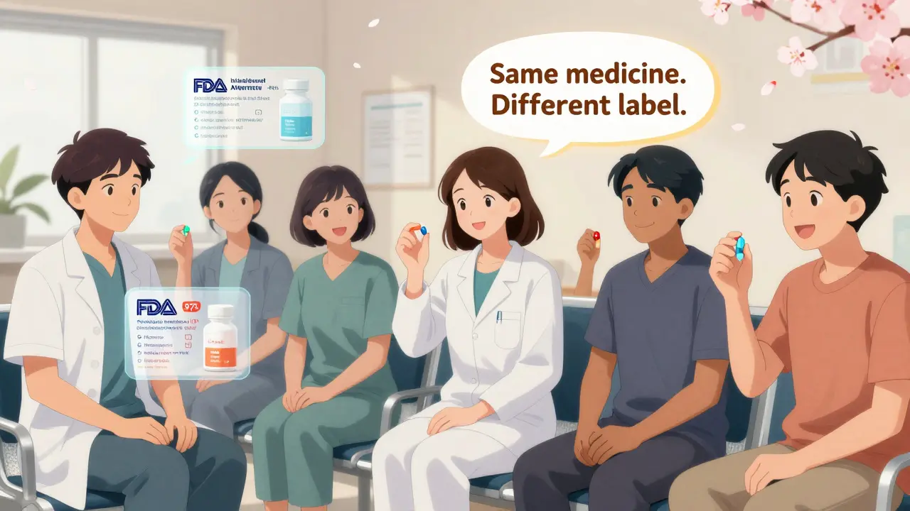 Patients in clinic with FDA approval overlays and glowing therapeutic equivalence ratings