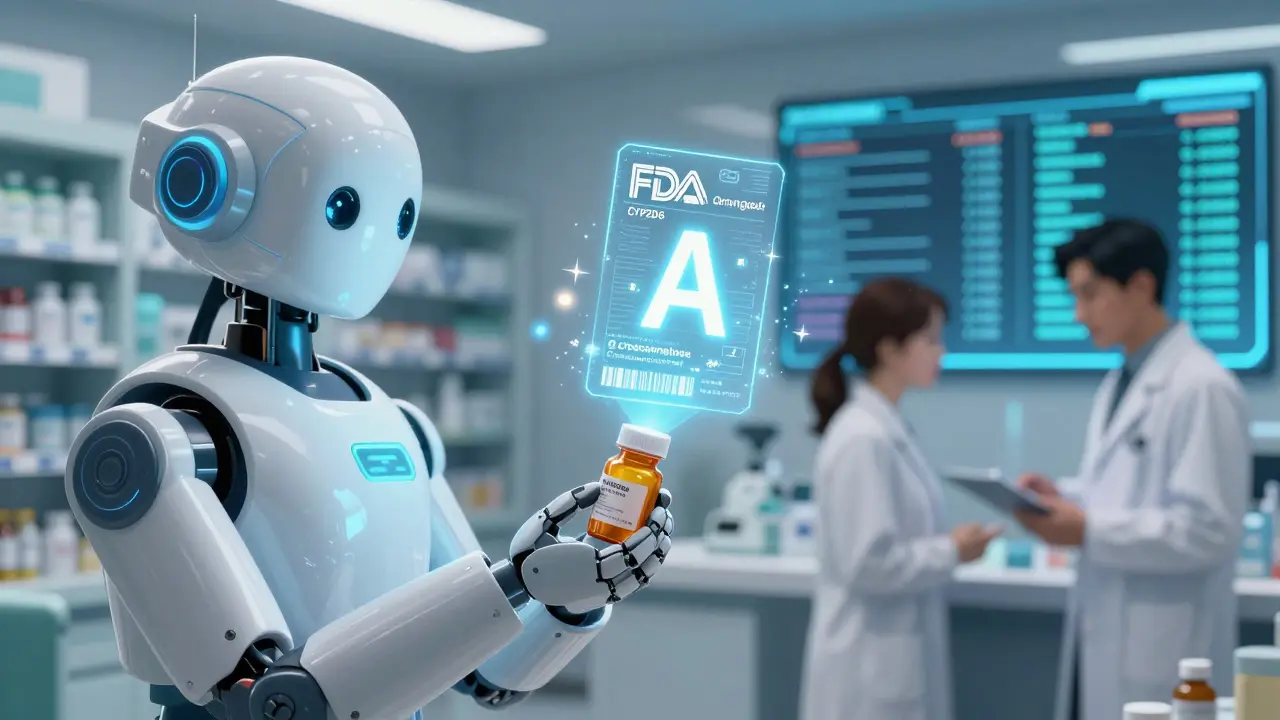 Robot scanning pill barcode with holographic FDA rating and hidden inactive ingredient symbols glowing.