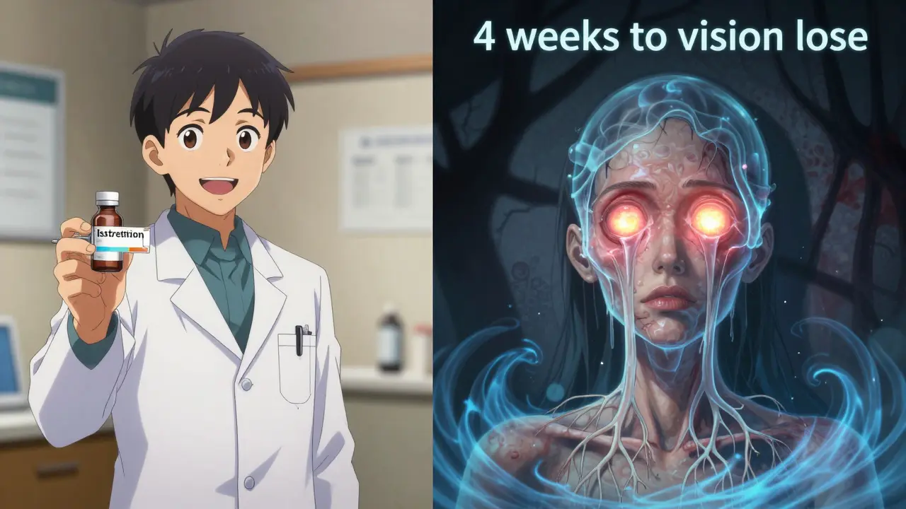 Split scene: doctor prescribing acne medication vs. swollen optic nerves and rising brain pressure.