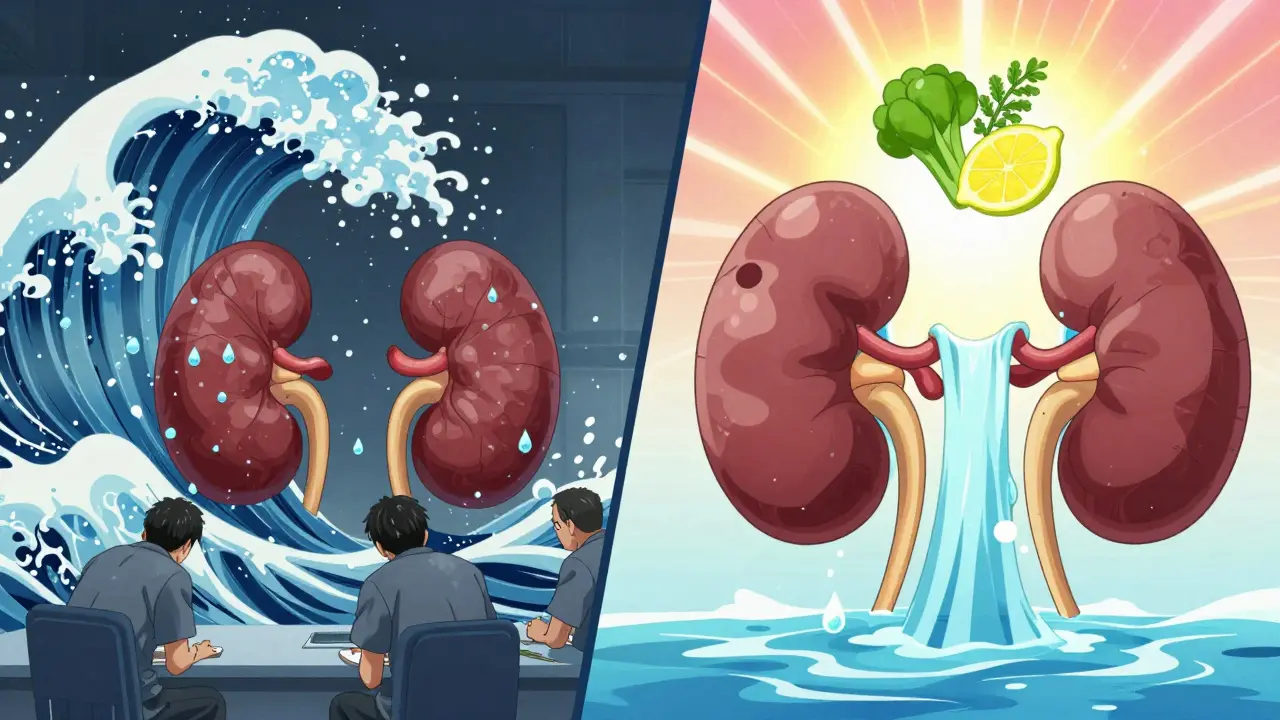 Split scene of tired kidneys overwhelmed by sodium versus relaxed kidneys with healthy foods, representing improved function.
