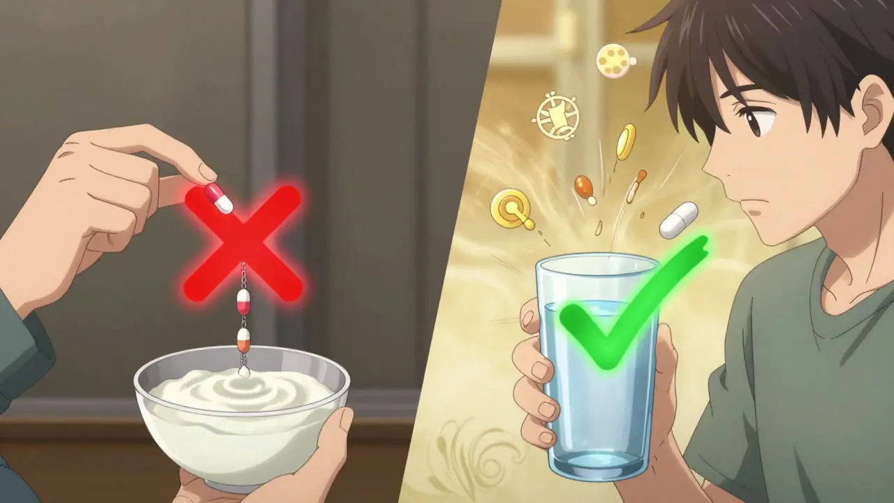Split scene: one side shows antibiotic blocked by dairy, the other shows proper absorption with water.