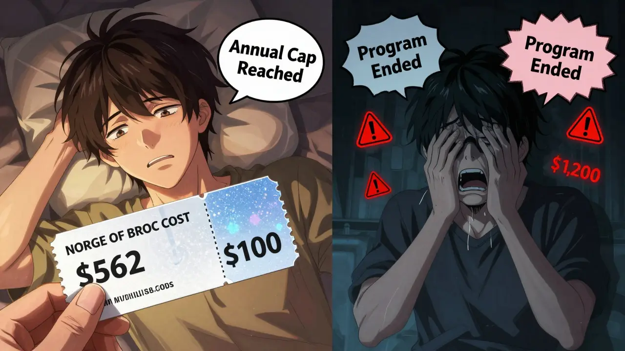 Split scene showing drug cost dropping then sharply rising as a coupon expires, dramatic lighting contrast.