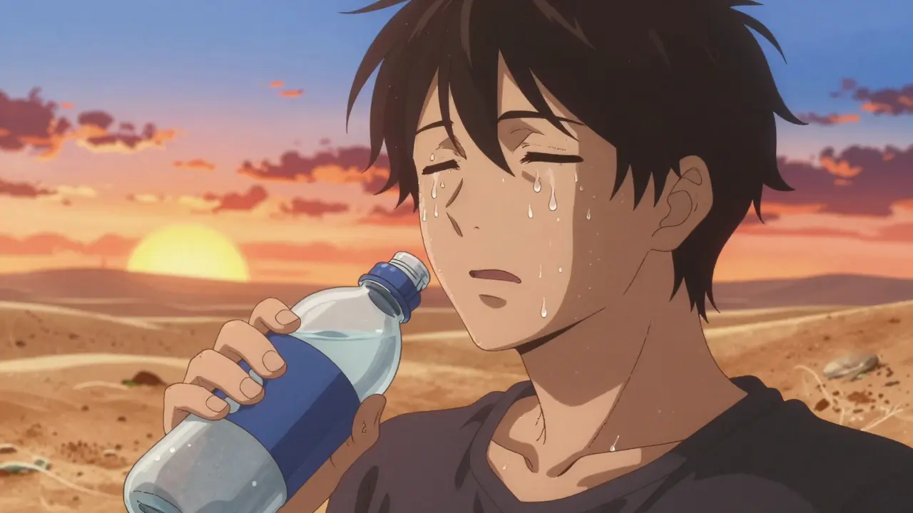 Sweating person with blurred vision due to dehydration.