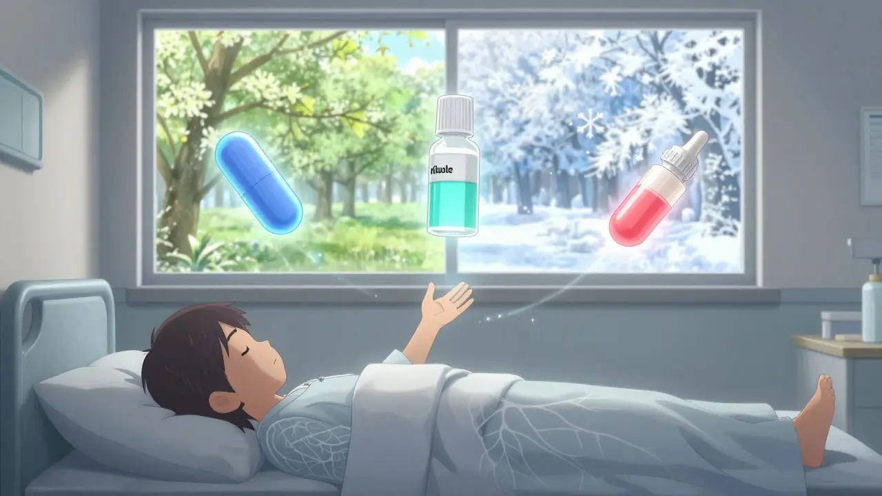 Three forms of riluzole orbit a sleeping patient as seasons change outside, symbolizing precious time gained.