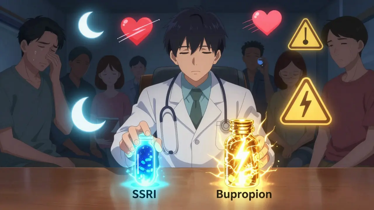 Two glowing pills on a table—SSRI and bupropion—with symbolic icons around them, watched by patients with different mental health concerns.