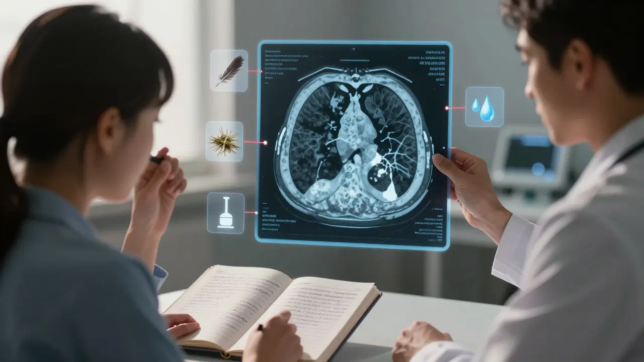 A doctor examining a holographic lung scan with floating icons of environmental triggers, while a patient holds a symptom diary.