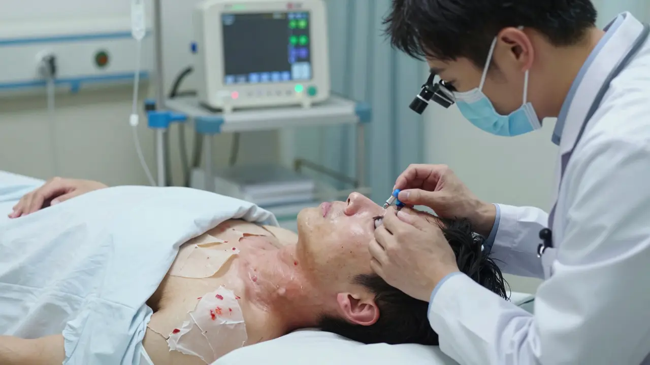 A patient in a burn unit receiving medical care, skin peeling, surrounded by IV lines and monitoring equipment.