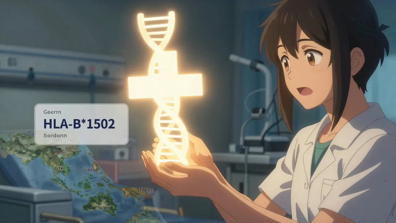 A patient receiving a genetic test result for HLA-B*1502, with a glowing DNA helix and Asian landscape overlay.