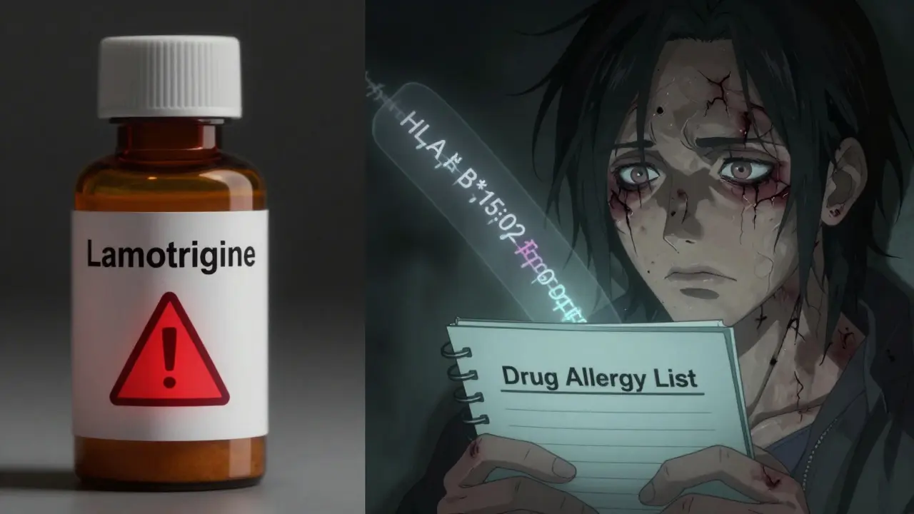 A split scene showing a high-risk medication and a survivor with scars, with a genetic marker floating above, symbolizing drug reaction risk.