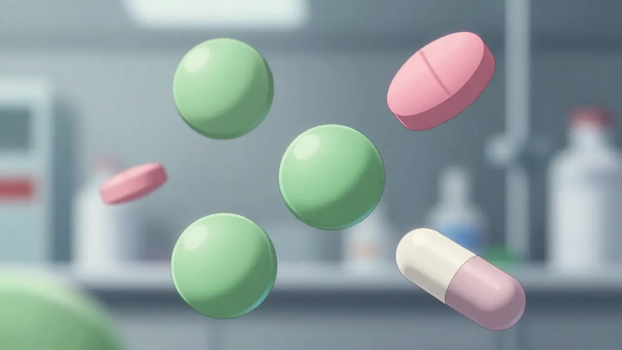 Assortment of different colored pills floating in air