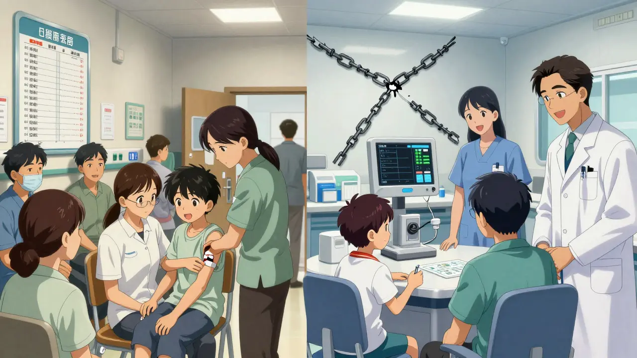 Contrast between outdated ER with dosing errors and modern pediatric unit with safety checks