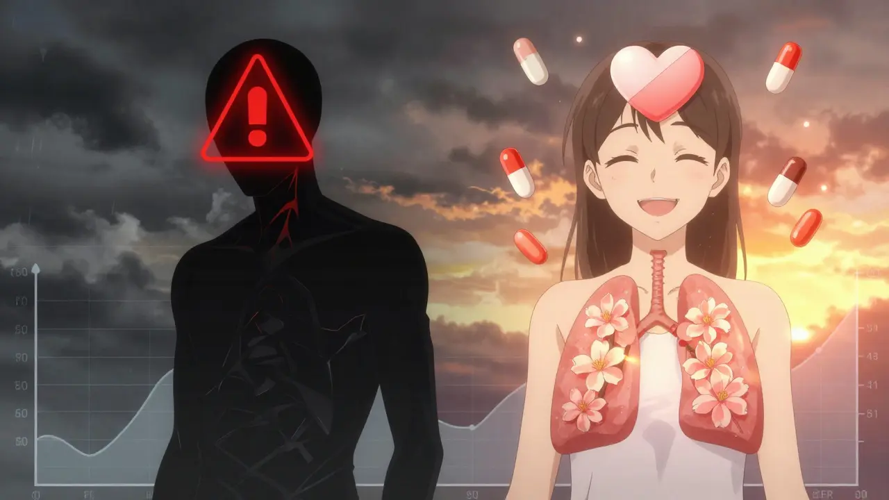 Contrasting images: constricted airways with a dangerous pill on one side, open lungs with a safe pill and albuterol puffs on the other.