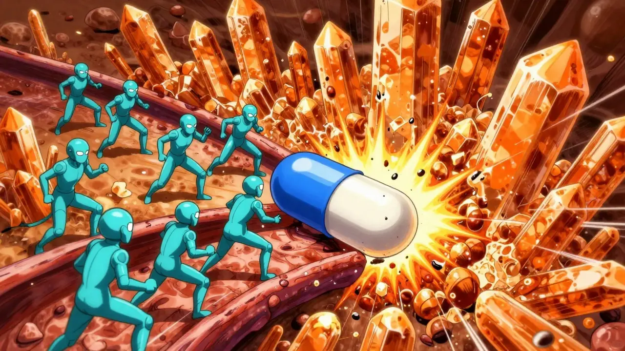 Cyan enzymes blocked by jagged caffeine crystal wall