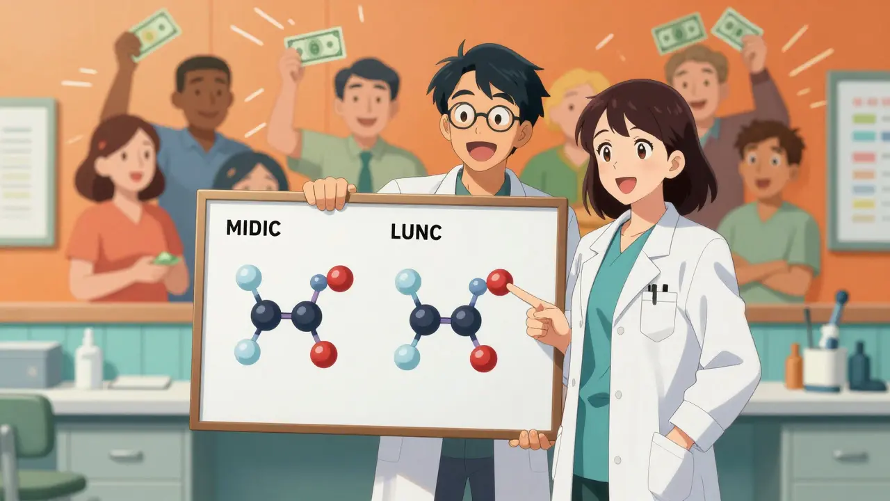 Doctor and pharmacist explain drug equivalence using a vibrant animated molecular diagram in a clinic.