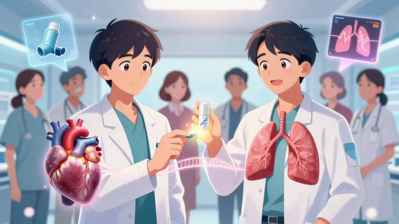 Doctors holding a tablet that connects a heart and lungs, symbolizing safe cardioselective beta-blocker therapy for asthma patients.