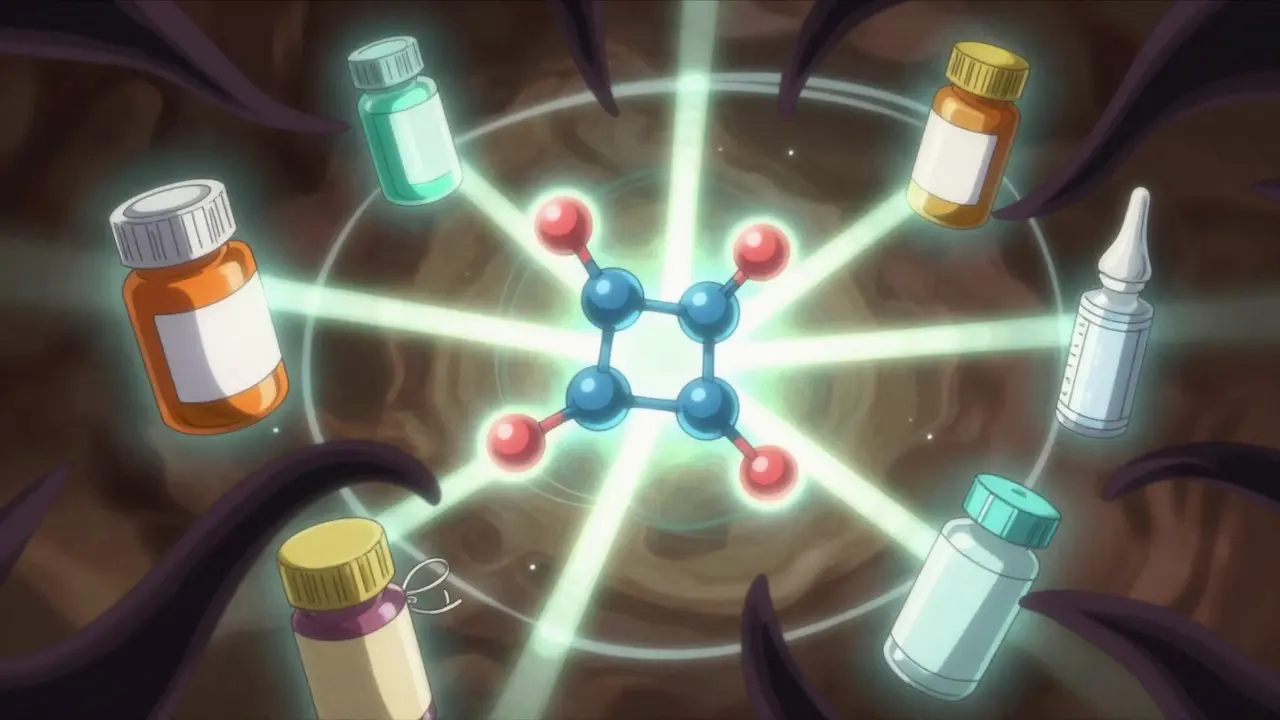 Glowing molecule protecting various medicine bottles in anime art