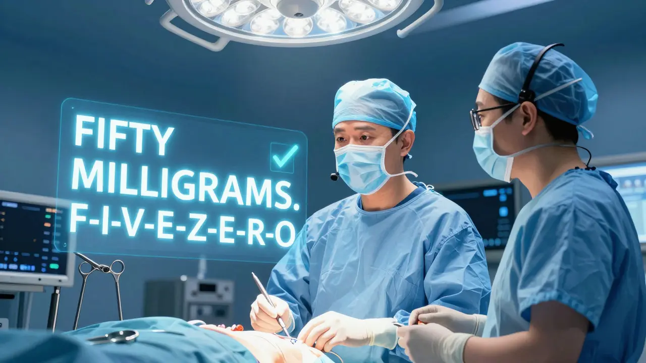 In an operating room, a surgeon and anesthesiologist confirm a verbal order with phonetic clarity under sterile blue lights.