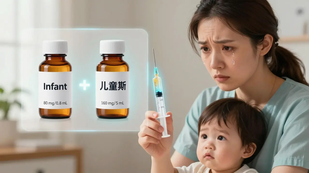Mother using calibrated syringe to give child medicine while comparing two bottle labels