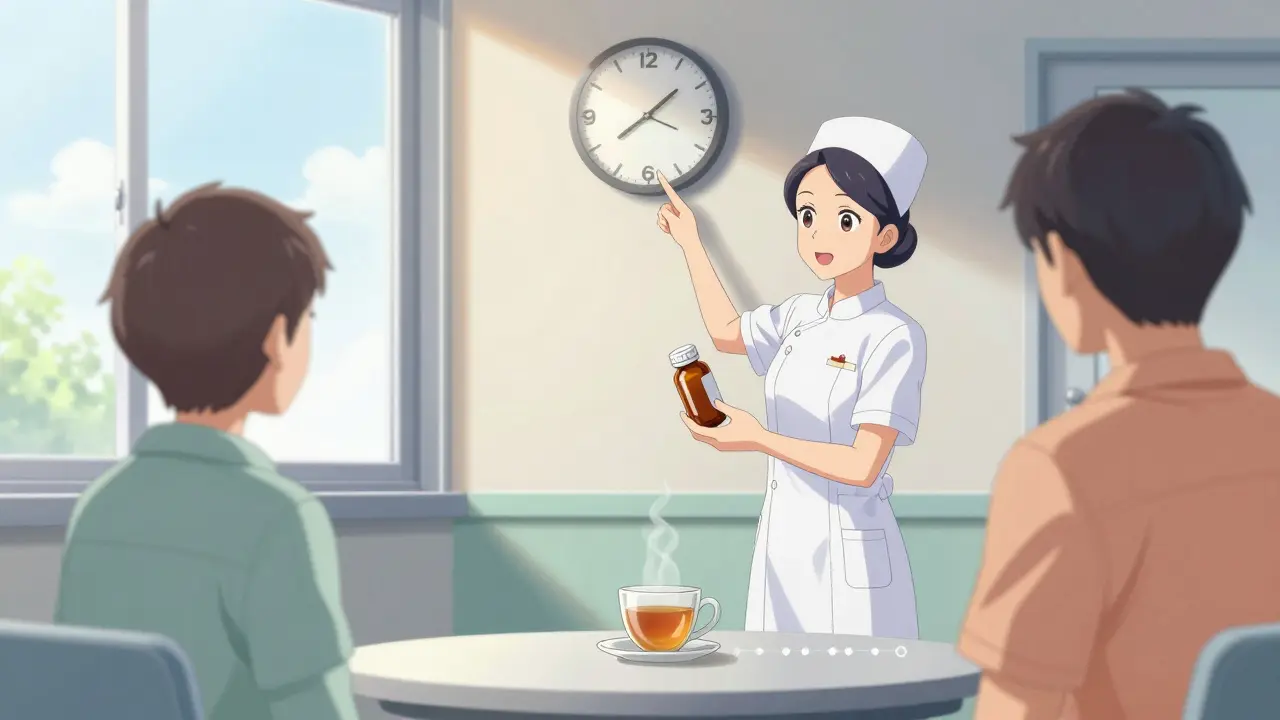 Nurse points to clock near separated medicine and tea