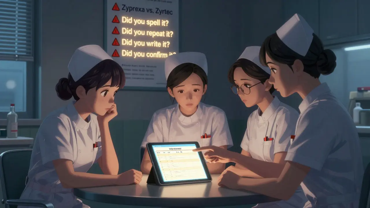 Nurses review a safety checklist in a hospital break room, with high-risk drug pairs displayed on a wall poster behind them.