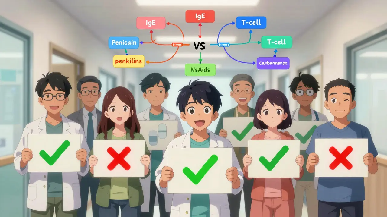 Patients holding drug signs with red X's and green checkmarks, surrounded by animated immune response pathways.