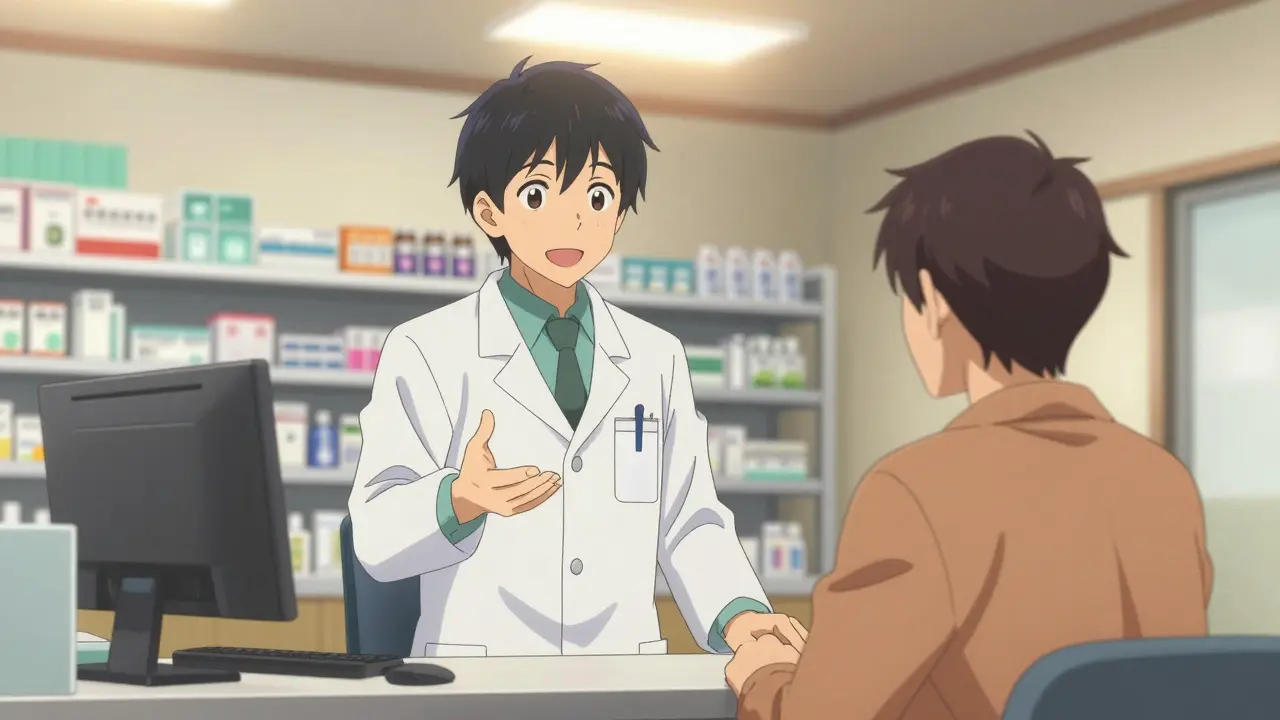 Pharmacist explaining medication details to patient